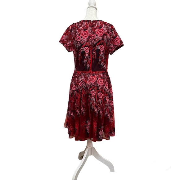 Eva Franco Short Sleeve Midi Pink and Red Flower Embroidered Dress - Picture 3 of 7